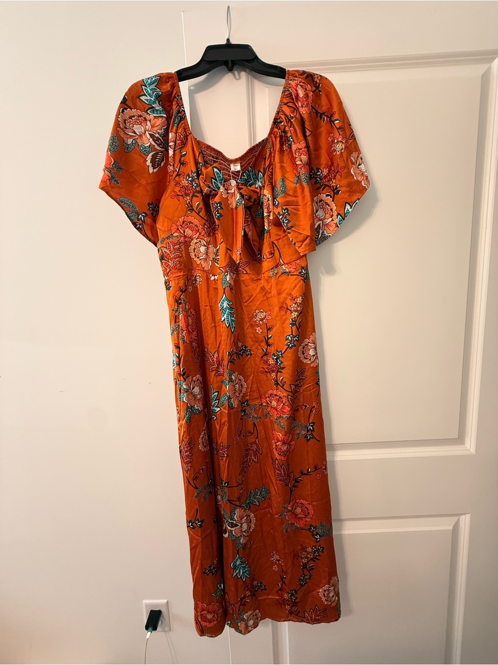 Fashionme Boho Floral Orange Maxi Dress with Tie-Front Detail (NWT)